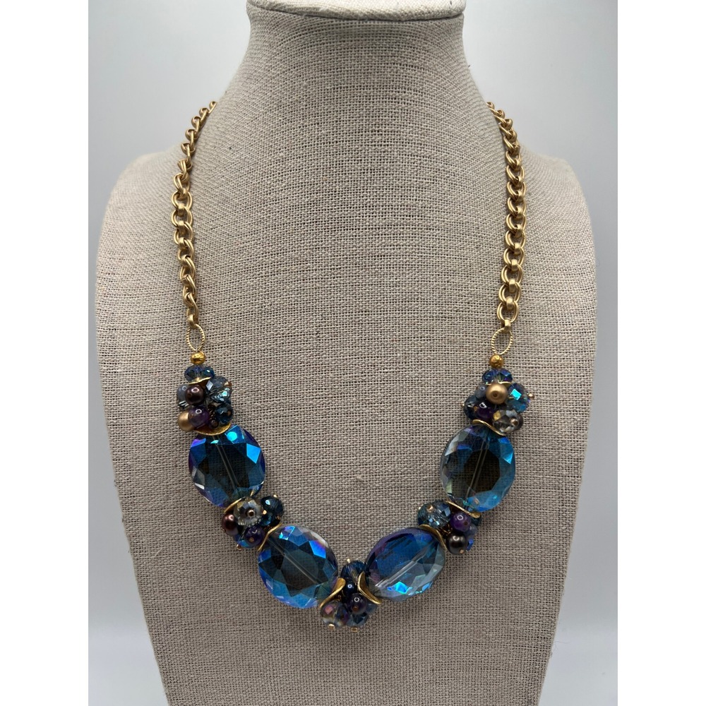 Blue Glass Bead Gold Formal Evening Statement Necklace Wedding Mermaidcore